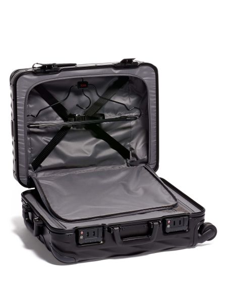 Valise cabine Continental 56 cm TUMI 19 Degree Aluminium Matte Black, intérieur ouvert et sangles