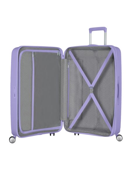 Intérieur de la valise American Tourister Soundbox 67 cm Lavande, séparateur zippé et sangles de maintien