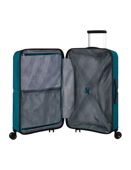 Intérieur de la valise American Tourister Airconic 67 cm Deep Ocean, séparateur zippé et sangles de maintien
