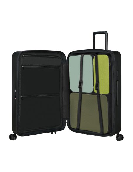 Valise Samsonite Restackd 75 cm Noir, intérieur et compartiments ouverts