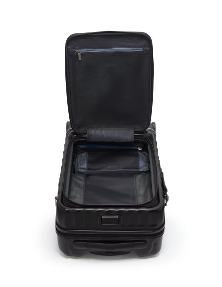 Valise cabine extensible 55 cm TUMI 19 Degree Front Access Black Texture, intérieur ouvert vu de face
