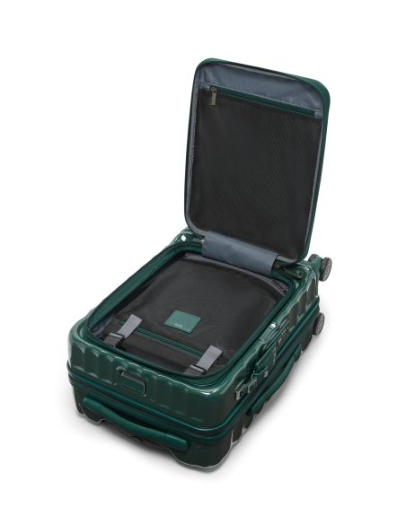 Valise cabine 55 cm TUMI 19 Degree Front Access Deep Pine, intérieur ouvert avec séparateur et objets présentés