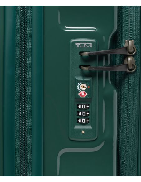 Valise cabine extensible 55 cm TUMI 19 Degree Front Access Deep Pine, détail de la serrure TSA et des tirettes
