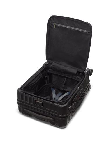 Valise cabine large 55 cm TUMI 19 Degree Front Access Black Texture, compartiment principal ouvert et sangles de maintien
