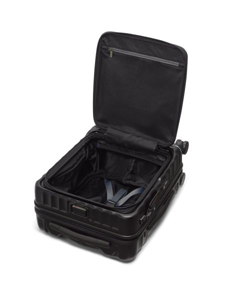Valise cabine large 55 cm TUMI 19 Degree Front Access Black Texture, compartiment principal ouvert et sangles de maintien
