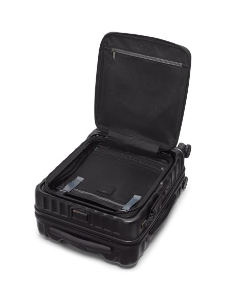 Valise cabine large 55 cm TUMI 19 Degree Front Access Black Texture, intérieur ouvert avec séparateur et objets présentés