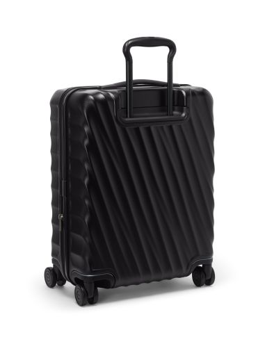 Valise cabine large 55 cm TUMI 19 Degree Front Access Black Texture, vue arrière de trois quarts avec poignée déployée