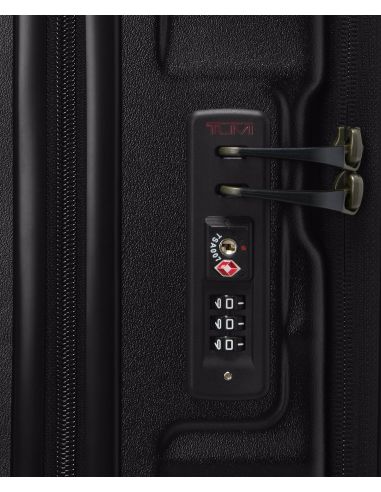 Valise cabine large extensible 55 cm TUMI 19 Degree Front Access Black Texture, détail de la serrure TSA et des tirettes