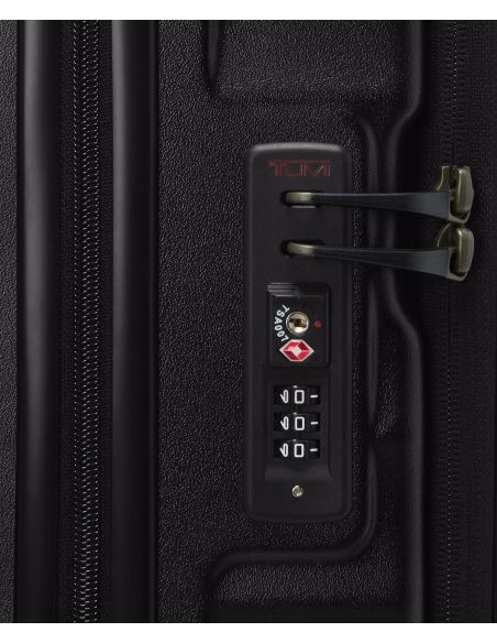 Valise cabine large extensible 55 cm TUMI 19 Degree Front Access Black Texture, détail de la serrure TSA et des tirettes