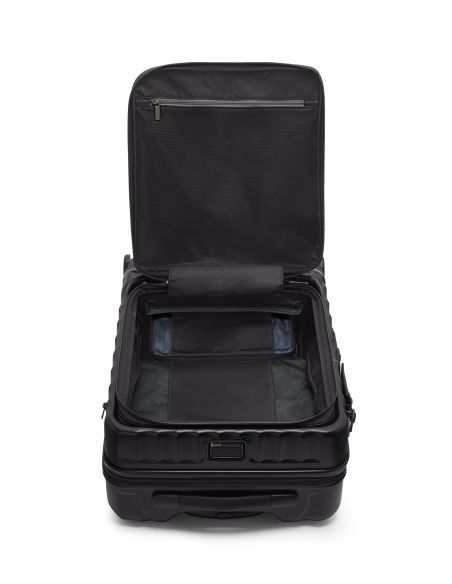 Valise cabine large extensible 55 cm TUMI 19 Degree Front Access Black Texture, intérieur ouvert vu de face