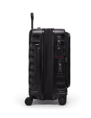 Valise cabine large extensible 55 cm TUMI 19 Degree Front Access Black Texture, vue de profil avec fermeture et serrure