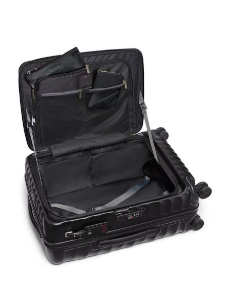 Valise soute 66 cm TUMI 19 Degree Front Access Black Texture, intérieur ouvert et objets présentés dans les poches du rabat