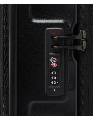 Valise soute extensible 76 cm TUMI 19 Degree Front Access Black Texture, détail de la serrure TSA et des tirettes