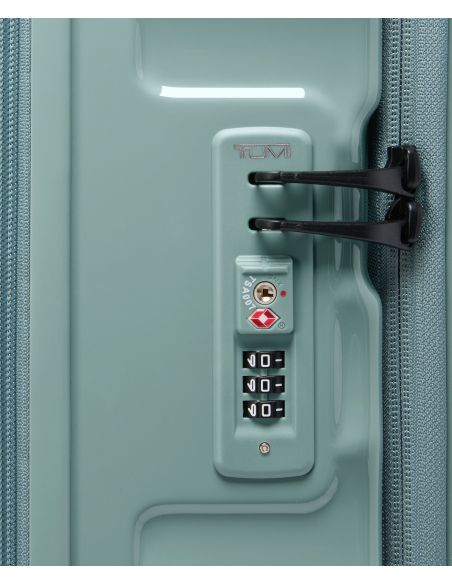 Valise soute extensible 76 cm TUMI 19 Degree Front Access Thyme, détail de la serrure TSA et des tirettes