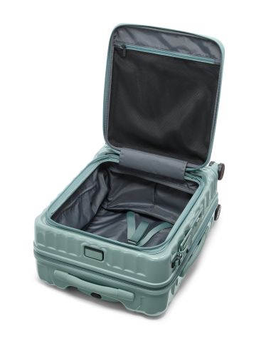 Valise cabine large extensible 55 cm TUMI 19 Degree Front Access Thyme, compartiment principal ouvert et sangles