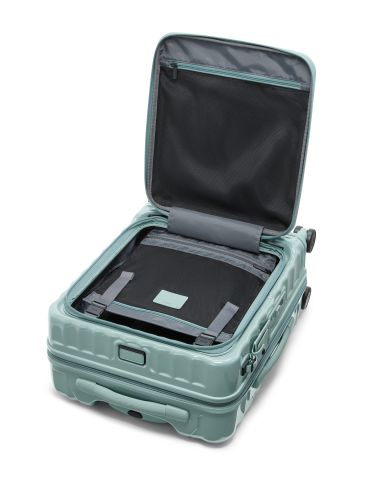 Valise cabine large extensible 55 cm TUMI 19 Degree Front Access Thyme, intérieur ouvert avec séparateur et objets présentés