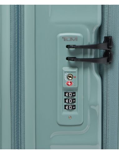 Valise cabine large extensible 55 cm TUMI 19 Degree Front Access Thyme, détail de la serrure TSA et des tirettes