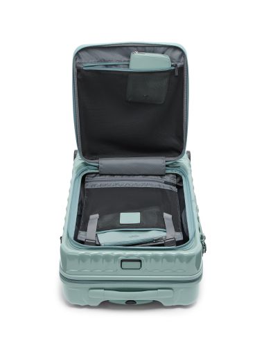 Valise cabine large extensible 55 cm TUMI 19 Degree Front Access Thyme, intérieur ouvert avec objets présentés