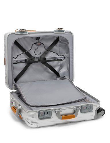Valise cabine Continental 56 cm TUMI 19 Degree Aluminium texturé Texture Silver, intérieur ouvert et sangles