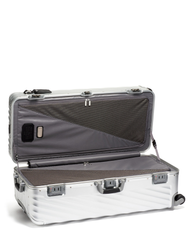 Valise Trunk XL 87 cm TUMI 19 Degree Aluminium Silver, intérieur ouvert avec séparateurs zippés