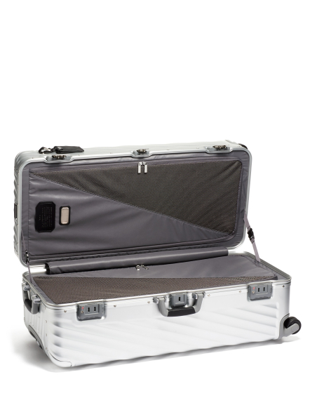 Valise Trunk XL 87 cm TUMI 19 Degree Aluminium Silver, intérieur ouvert avec séparateurs zippés