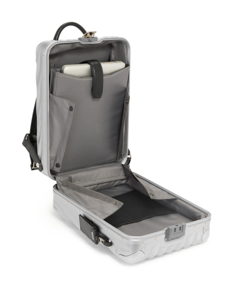 Sac à dos 43 cm TUMI 19 Degree Aluminium Silver, intérieur ouvert et pochette ordinateur