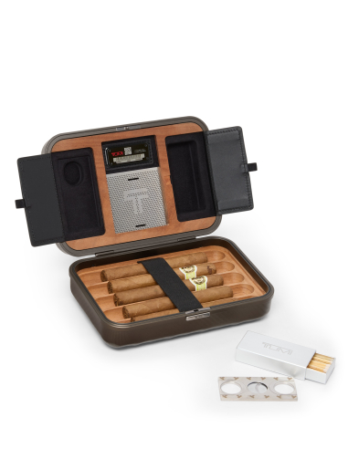 Étui à cigares TUMI 19 Degree Aluminium Texture Gunmetal, intérieur avec cigares et accessoires présentés
