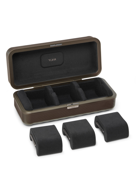 Boîte à montres voyage TUMI 19 Degree Aluminium Texture Gunmetal, intérieur ouvert et coussinets amovibles