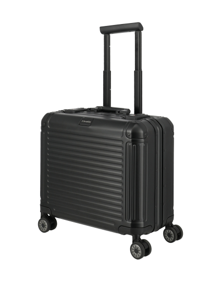 Pilot case Travelite Next 4 roues Noir, vue de trois quarts avec poignée télescopique sortie