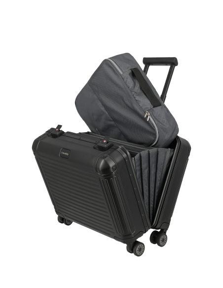 Pilot case Travelite Next 4 roues Noir, intérieur ouvert et sac de rangement