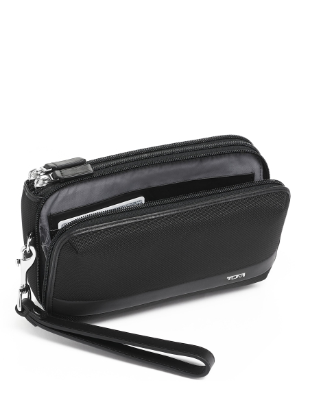 Pochette Triple Zip TUMI Alpha Black, ouverture des compartiments et dragonne