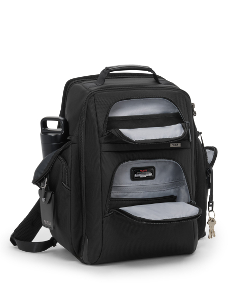 Sac à dos Brief Pack TUMI Alpha Black, poches avant et latérales ouvertes