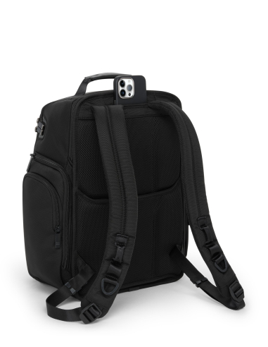 Sac à dos Brief Pack TUMI Alpha Black, vue arrière avec bretelles et poche téléphone