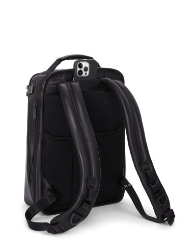 Sac à dos extensible Medium TUMI Alpha Black, vue arrière avec bretelles et poche téléphone