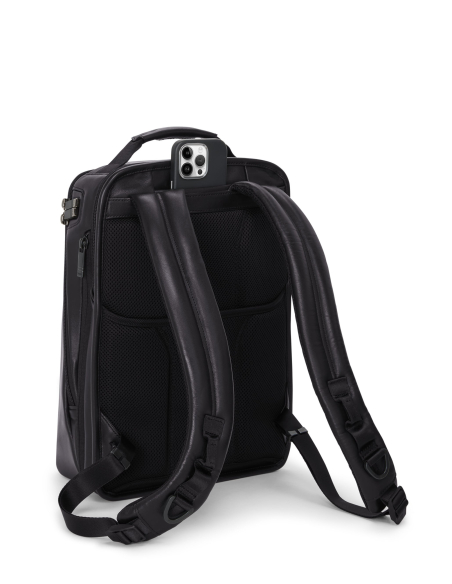 Sac à dos extensible Medium TUMI Alpha Black, vue arrière avec bretelles et poche téléphone
