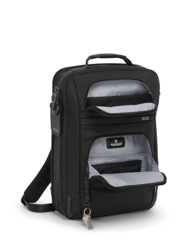 Grand sac à dos extensible TUMI Alpha Black, poches avant ouvertes