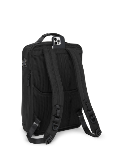 Grand sac à dos extensible TUMI Alpha Black, vue arrière avec bretelles et poche téléphone