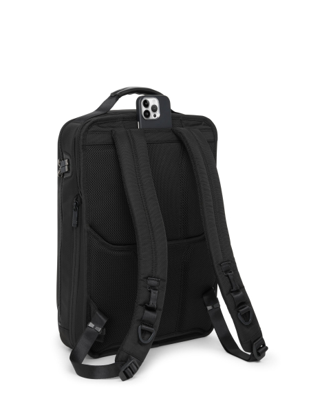 Grand sac à dos extensible TUMI Alpha Black, vue arrière avec bretelles et poche téléphone