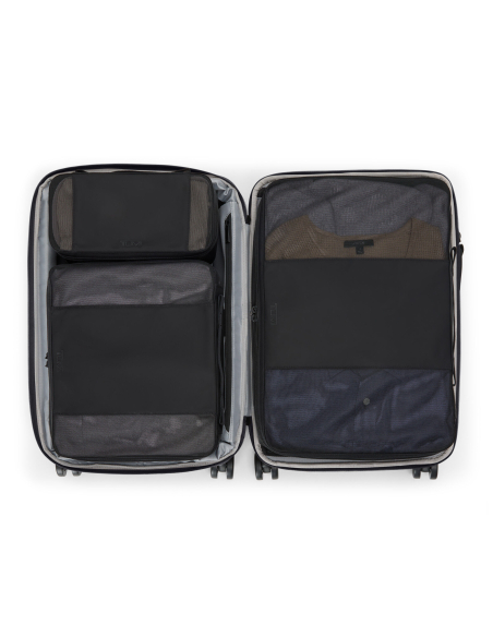 Valise cabine extensible 55cm TUMI Alpha Grey Alloy, intérieur ouvert et séparation en filet