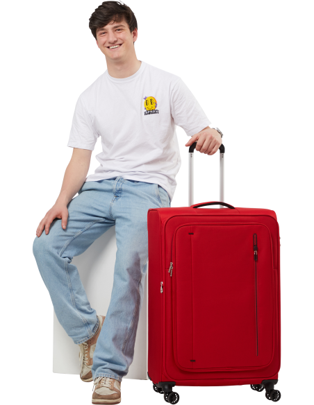 Valise soute extensible 78,5 cm American Tourister Cloudrider Astral Red, présentation avec une personne