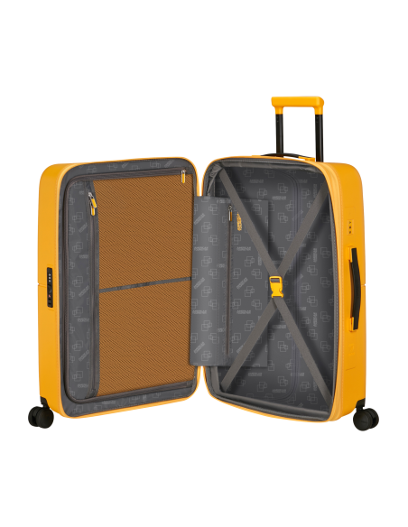 Valise soute extensible 67 cm American Tourister DashPop Jaune Or, intérieur ouvert et rangements