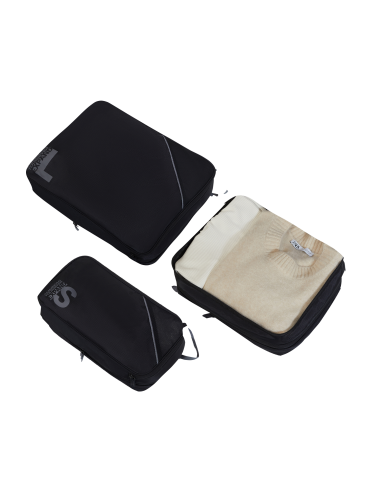 3 organisateurs Packing Cubes American Tourister Noir/Gris, cube ouvert avec des vêtements