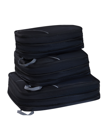 3 organisateurs Packing Cubes American Tourister Noir/Gris, cubes empilés, extension ouverte