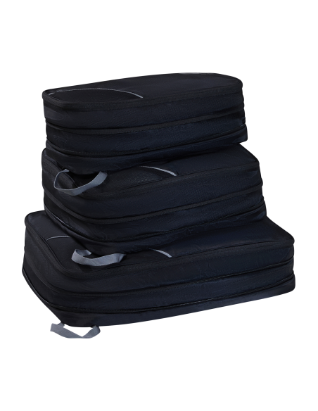 3 organisateurs Packing Cubes American Tourister Noir/Gris, cubes empilés, extension ouverte