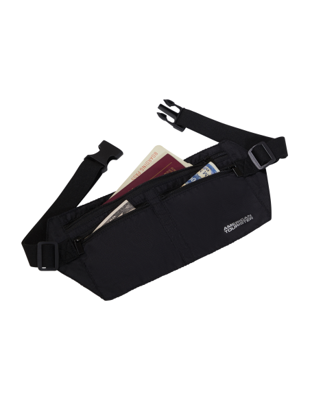 Ceinture RFID Money Belt American Tourister Noir, compartiment ouvert avec documents