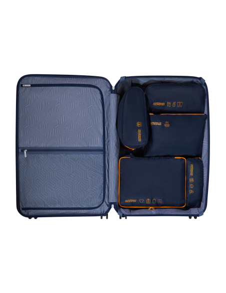 5 pochettes Packing Organisers American Tourister Navy/Orange, pochettes rangées dans une valise