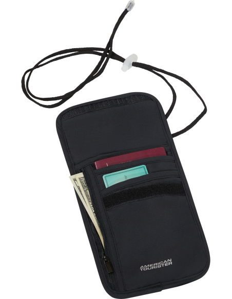 Pochette RFID Neck Pouch American Tourister Noir, rabat ouvert avec cartes et documents