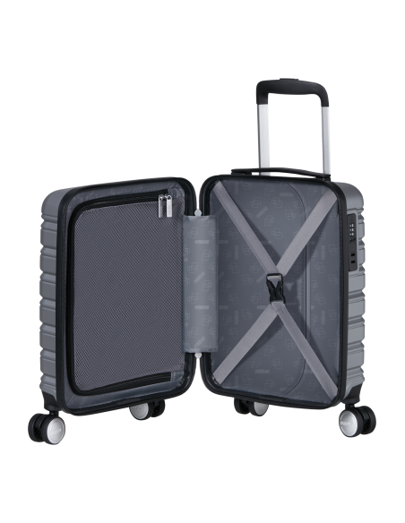 Valise sous-siège 45 cm roues amovibles American Tourister Flashline Sky Silver, intérieur ouvert et rangements
