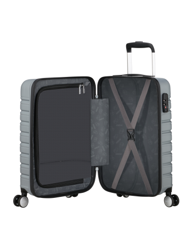 Valise cabine 55 cm largeur 35 cm American Tourister Flashline Sky Silver, intérieur ouvert et rangements