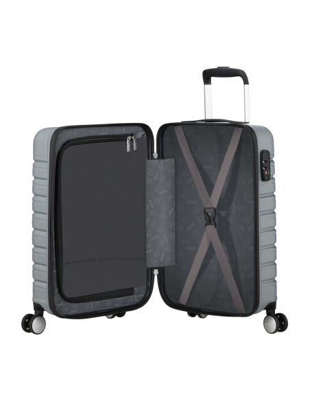 Valise cabine 55 cm largeur 35 cm American Tourister Flashline Sky Silver, intérieur ouvert et rangements